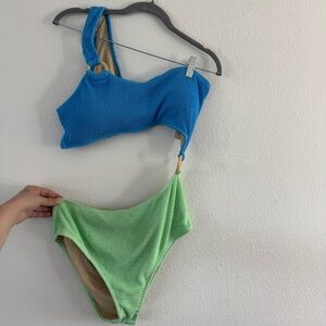 Blushing Brunette OnePiece Green Blue One Shoulder Bathing Suit Swimsuit NWT